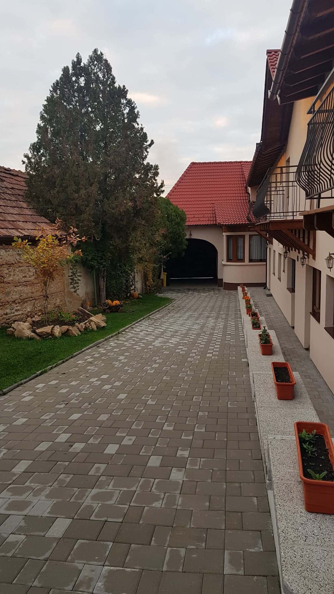 Curtea interioară pavată spre poarta boltită, cu gazon și un conifer înalt
